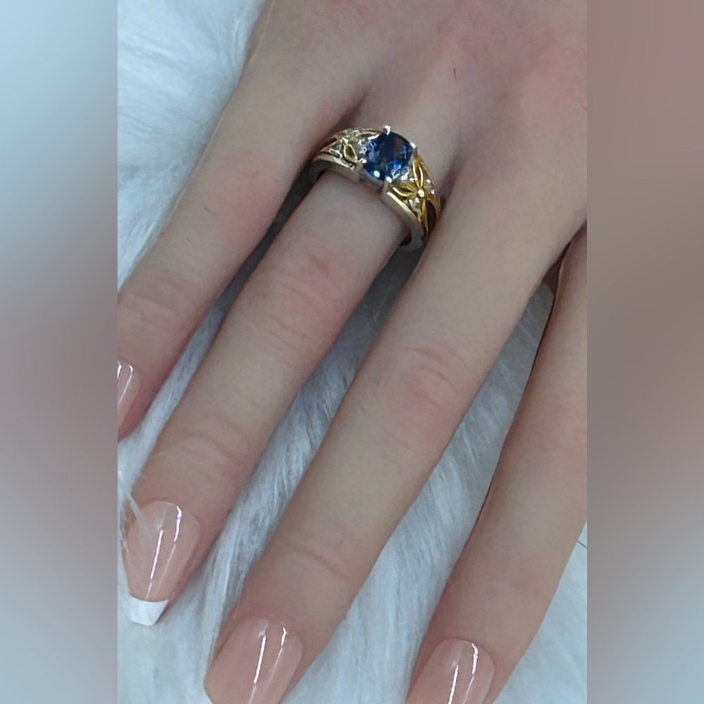 Michael Valitutti Blue Sapphire Diamond 925 Sterling Silver 18K Gold Ring Size 6 - Picture 8 of 9